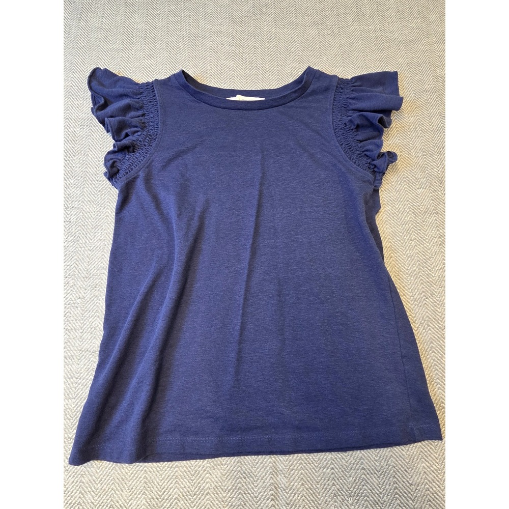 LOFT T-Shirt Women Small Navy Blue Stretch Ruffle Cap Sleeve Round Neck Pullover